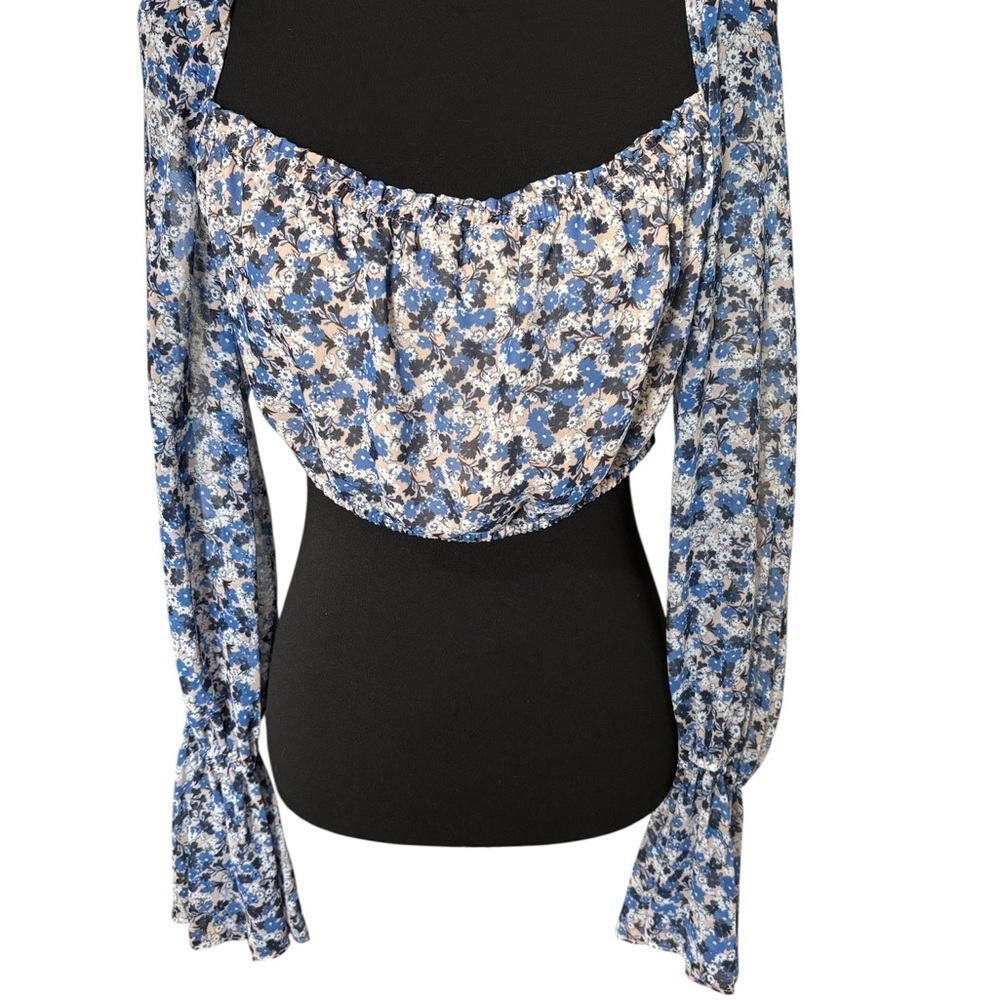 Fame and Partners Women’s 10 Cropped Boho Peasant Blouse Sheer Sleeves Blue